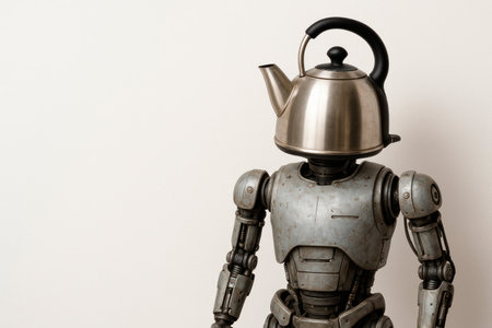A robot with a kettle instead of a head. Space for textの素材