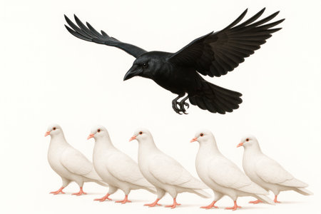 A black raven flies over white pigeonsの素材