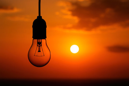 A light bulb against the background of the sunset. Space for textの素材