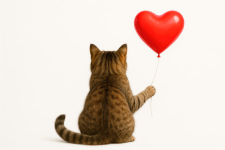 The cat is holding a red balloon in the shape of a heart. Space for textの素材