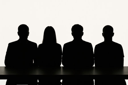 Four silhouettes of people are sitting at a tableの素材
