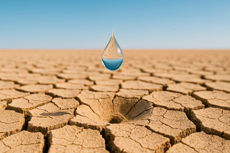 A drop of water hangs over the dry, cracked earthの素材