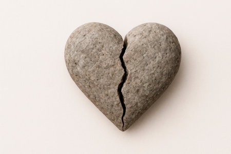 A heart of stone with a crack on a light background. Space for textの素材