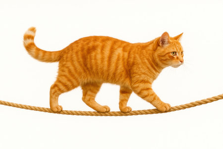 A ginger cat walks along a rope on a light background. Space for textの素材