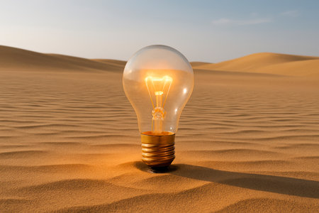 A light bulb glows among the desert sand dunes at sunset. Space for textの素材