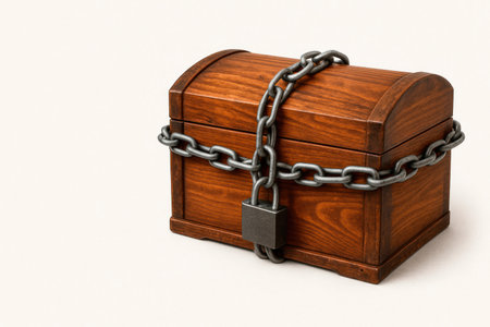 A wooden chest wrapped in chains with a lock. Space for textの素材