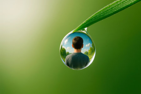 A person is reflected inside a drop of water on a blade of grass. Space for textの素材
