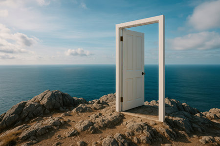 A white door stands on the rocks by the ocean. Space for textの素材