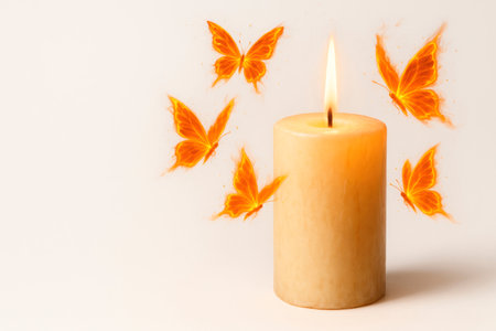 A candle with fiery butterflies hovering around the flame. Space for textの素材