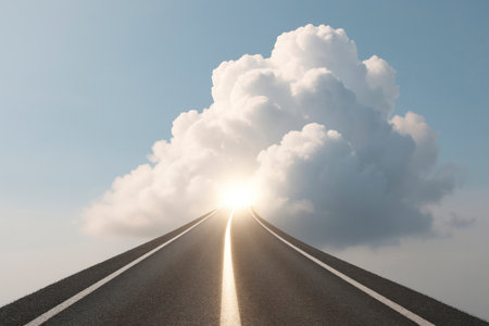 The road goes into the clouds with bright lightの素材