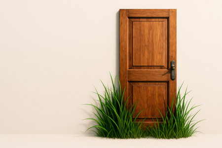A wooden door with growing grass at the threshold. Space for textの素材
