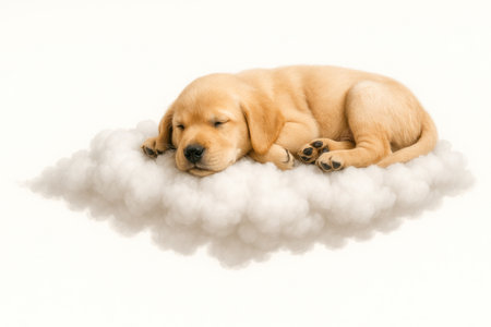 The puppy sleeps on a soft cloud like on a pillowの素材
