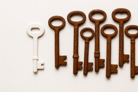 A white key among rusty iron keysの素材