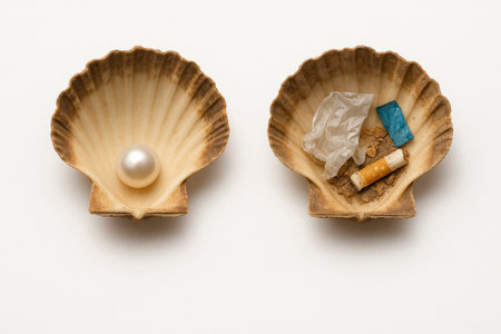 A shell with pearls and a sink with garbageの素材