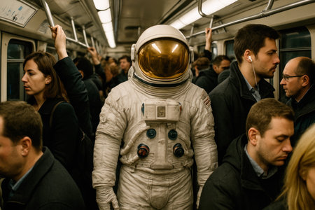An astronaut in a spacesuit goes to the subwayの素材