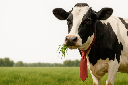 Cow in a tie standing on a green field. Space for textの素材