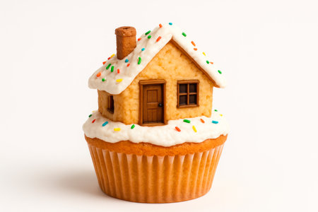 House on a cupcake with frosting on a light backgroundの素材