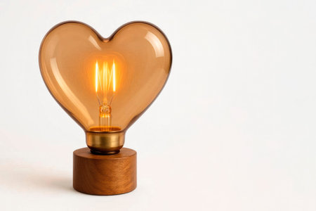 The heart-shaped light bulb glows with a warm light. Space for textの素材