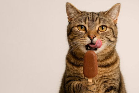 A cat licks a chocolate ice cream on a stick. Space for textの素材