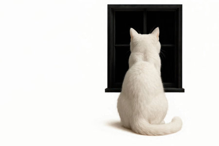 A white cat sits by the window and looks into the darkness. Space for textの素材