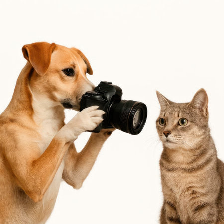 A dog takes a picture of a cat with a digital cameraの素材