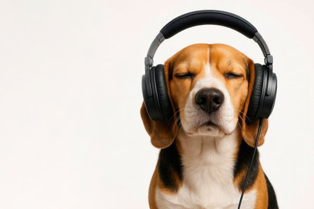 A dog in headphones listens to music with his eyes closed. Space for textの素材