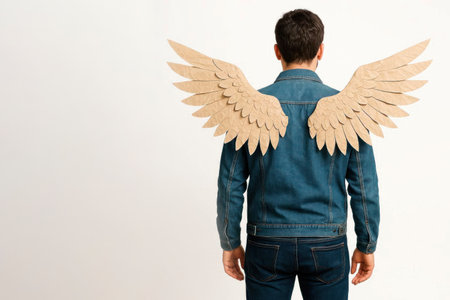 A man in a denim jacket with paper wings. Space for textの素材