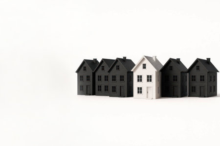 A white house among a row of black houses. Space for textの素材