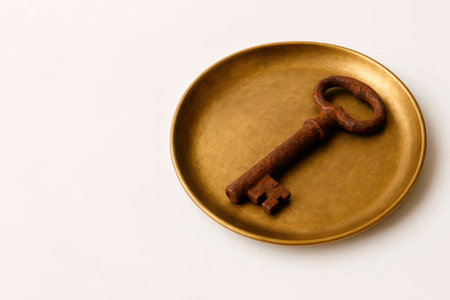 A rusty key lies on a round golden plate. Space for textの素材