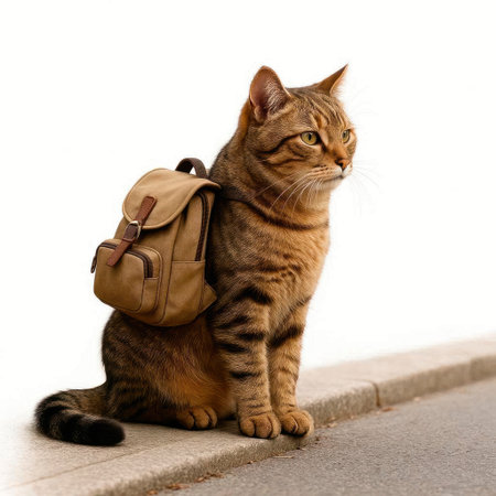 A cat with a backpack is sitting on the sidewalkの素材