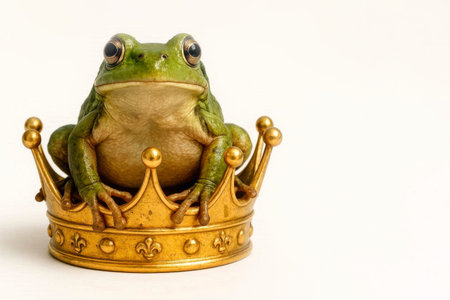 A green frog sits on a golden crown. Space for textの素材