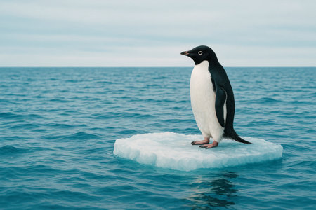A penguin stands on a small ice floe in the ocean. Space for textの素材