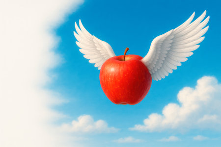 A red apple flies with white wings in the sky. Space for textの素材
