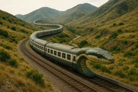 A train in the shape of a huge snake in the mountainsの素材