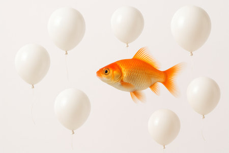 A goldfish swims among white balloonsの素材