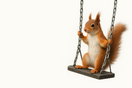 A squirrel sits on a swing made of chains. Space for textの素材