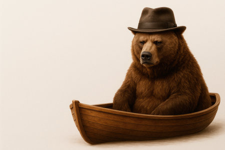 A bear in a hat is sitting in a wooden boat. Space for textの素材