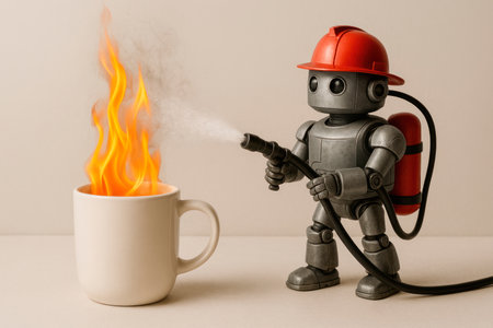 A small firefighting robot extinguishes a fire in a mugの素材