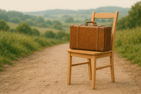 The suitcase is on a chair in the middle of the road. Space for textの素材