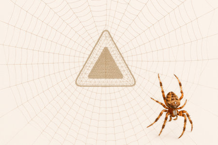 The spider weaves a web with a triangular warning signの素材