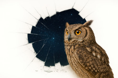 An owl next to broken glass and a view of the stars. Space for textの素材