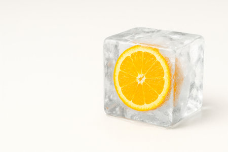 Orange inside a transparent ice cube. Space for textの素材