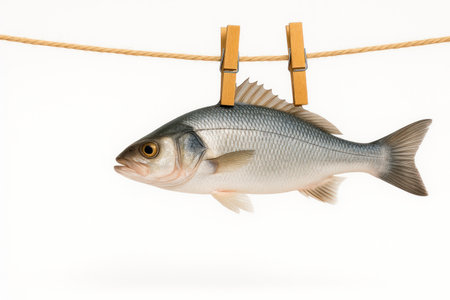 The fish hangs on a rope with clothespinsの素材