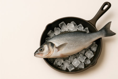 Raw fish lies on ice in a cast-iron pan. Space for textの素材