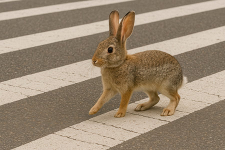 A rabbit crosses the road at a pedestrian crossingの素材