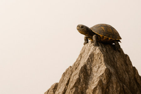 A turtle sits on top of a high rock. Space for textの素材