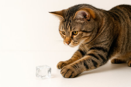 A cat plays with an ice cube on a light background. Space for textの素材