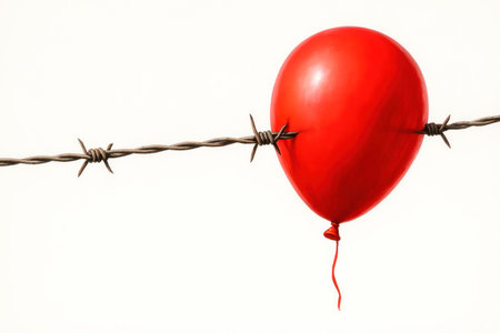 A red balloon pierced with barbed wire. Space for textの素材