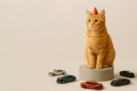 A red cat in a hat among toy cars. Space for textの素材