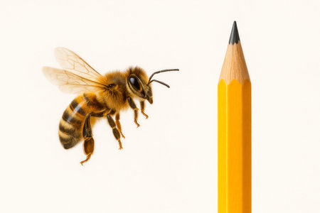 A bee next to a yellow pencilの素材